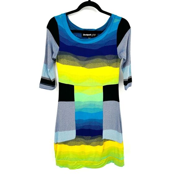 DESIGUAL Blue Yellow Bright Abstract Bodycon Half Sleeve Mini Dress Size XS - Picture 2 of 8